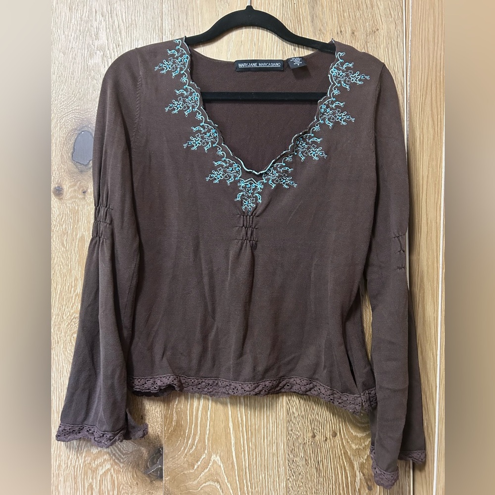 MaryJane Marcasiano Brown Top with Blue Embroidery